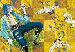 abs bird blue_hair blue_nails boots chosokabe_motochika crane_(animal) facial_tattoo fingernails japanese_clothes kimono long_hair muscular muscular_male nail_polish obi open_clothes open_kimono pectorals ponytail sash sengoku_musou tattoo torn_clothes torn_legwear