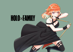 absurdres alternate_costume alternate_hairstyle black_dress cosplay dagger dress earrings gold_earrings highres holding holding_dagger holding_knife holding_weapon hololive hololive_english jewelry jpc knife reverse_grip spy_x_family stiletto_(weapon) takanashi_kiara virtual_youtuber weapon yor_briar yor_briar_(cosplay)