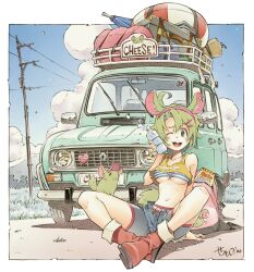 1girl animal_ears artist_name ashton_marten_(vtuber) breasts car chinchilla_(animal) chinchilla_ears chinchilla_girl cloud commission english_text green_eyes green_hair highres indie_virtual_youtuber large_breasts looking_at_viewer motor_vehicle one_eye_closed open_clothes open_mouth open_shorts outdoors sekihan shorts sitting skeb_commission underboob utility_pole virtual_youtuber