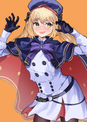 1girl absurdres artoria_caster_(fate) artoria_caster_(second_ascension)_(fate) artoria_pendragon_(fate) blonde_hair blue_cape blue_hat blush breasts cape dress fate/grand_order fate_(series) gloves green_eyes hat highres long_hair long_sleeves looking_to_the_side open_mouth smile solo twintails yuritoame