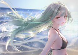 1girl absurdres beach bikini black_bikini blurry blurry_background blush breasts commentary_request day earrings floating_hair from_side green_eyes green_hair grey_hair highres horizon indie_virtual_youtuber jewelry long_hair looking_at_viewer medium_breasts mikan_mizu multicolored_hair nephla ocean open_mouth outdoors shore smile solo sparkle streaked_hair sunlight swimsuit upper_body very_long_hair virtual_youtuber