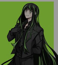 1girl absurdres alfonso_(project_moon) barcode barcode_tattoo black_gloves black_hair black_necktie black_pants black_shirt border collared_shirt dearpupa gloves green_background green_eyes green_hair green_trim grey_border grin highres limbus_company long_hair looking_at_viewer multicolored_hair necktie pants project_moon shirt simple_background smile solo standing streaked_hair tattoo upper_body very_long_hair