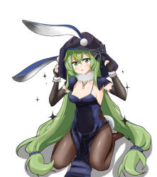 1girl absurdres animal_ears black_bow black_dress black_gloves black_hood blonde_hair blush bow breasts brown_pantyhose commentary_request cosplay dress elbow_gloves fake_animal_ears fake_tail fingerless_gloves full_body fur_collar gloves green_eyes green_hair hair_between_eyes hair_ornament hair_scrunchie highres hood hood_up kaavi kaavi_(cosplay) long_hair looking_at_viewer mahjong_soul multicolored_hair negetsu no_shoes open_mouth oversized_breast_cup pantyhose pelvic_curtain rabbit_ears rabbit_tail scrunchie seiza simple_background sitting sleeveless sleeveless_dress small_breasts solo streaked_hair tail very_long_hair white_background yuzu_(mahjong_soul)