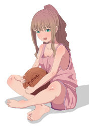 Rule 34 | 1girl, absurdres, ball, barefoot, basketball (object), blush, brown hair, feet, green eyes, gridman universe, highres, long hair, looking at viewer, minami yume, open mouth, piaofu wu, ponytail, soles, sportswear, ssss.dynazenon, sweat, toes