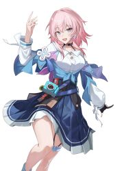 1girl :d absurdres acorn badge bare_legs black_choker black_corset black_gloves blue_eyes blue_jacket blue_skirt breasts button_badge buttons camera choker collarbone corset earrings flower_ornament gloves hair_between_eyes hand_up highres honkai:_star_rail honkai_(series) jacket jewelry kittf light_blush long_sleeves looking_at_viewer march_7th_(honkai:_star_rail) march_7th_(preservation)_(honkai:_star_rail) medium_breasts medium_hair miniskirt multicolored_eyes open_mouth partially_fingerless_gloves pink_eyes pink_hair pleated_skirt shirt simple_background single_earring single_glove skirt smile solo thigh_strap tied_jacket two-tone_eyes underbust upper_body white_background white_shirt