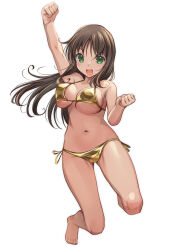 1girl absurdres alice_gear_aegis bikini black_hair bouncing_breasts breasts cleavage clenched_hand gold_bikini golden_week green_eyes highres kaneshiya_sitara large_breasts long_hair open_mouth round_teeth side-tie_bikini_bottom simple_background solo swimsuit teeth upper_teeth_only white_background yashin_(yasinz)
