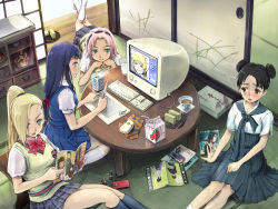 4girls akimichi_chouji ankle_socks asymmetrical_bangs black_hair black_socks blonde_hair blouse blunt_bangs camera_phone casual cellphone charging_device collared_shirt computer computer_keyboard cup double_bun drawing_(action) drawing_tablet drinking_glass frog gaara_(naruto) gamakichi green_eyes hair_bun hair_over_one_eye handheld_game_console haruno_sakura head_rest high_ponytail hyuuga_hinata indoors kneehighs miniskirt monitor mousepad_(object) multiple_girls nara_shikamaru naruto_(series) naruto_shippuuden nintendo_ds parted_bangs phone plaid_clothes plaid_skirt ponytail pornography product_placement rock_lee sai school_uniform serafuku shirt sitting skirt sliding_doors socks tenten_(naruto) toad_(animal) uchiha_sasuke uzi_(kei_t_drawing) uzumaki_naruto white_legwear white_shirt yamanaka_ino yaoi_(object)