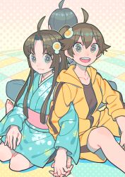 Rule 34 | 1other, 2girls, abstract background, ahoge, araragi karen, araragi tsukihi, bakemonogatari, barefoot, black hair, blue background, blue kimono, brown eyes, brown hair, character request, checkered background, commentary request, double-parted bangs, egg hair ornament, feet out of frame, food-themed hair ornament, green background, grin, hair between eyes, hair ornament, halftone, halftone background, highres, interlocked fingers, jacket, japanese clothes, kimono, light blush, locked arms, long hair, long sleeves, monogatari (series), multiple girls, nobile1031, obi, parted bangs, pink background, pink sash, sash, short hair, shorts, sitting, smile, snowflake print, teeth, track jacket, upper teeth only, wide sleeves, yellow background, yellow jacket, yellow shorts, yokozuwari