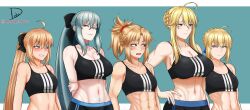 Rule 34 | 5girls, abs, absurdres, ahoge, arms behind back, artoria caster (fate), artoria pendragon (fate), artoria pendragon (lancer) (fate), black shorts, black sports bra, blonde hair, blue choker, blue eyes, blush, braid, braided bun, breast envy, breasts, choker, clenched teeth, collarbone, commentary, english commentary, fate/grand order, fate (series), green eyes, grey hair, hair between eyes, hair bun, hair ornament, hair scrunchie, half-closed eyes, half up braid, hand on own hip, highres, jewelry, large breasts, long hair, looking at another, looking to the side, medium breasts, medium support (meme), meme, mordred (fate), morgan le fay (fate), mother and daughter, multiple girls, muscular, muscular female, navel, ponytail, red scrunchie, ring, romulproduce, saber (fate), scrunchie, shorts, signature, simple background, smug, sports bra, stomach, stomach tattoo, tattoo, teeth, tomboy, toned, twitter username, upper body, very long hair, wedding ring