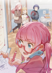 4girls araki_rena backpack bag bead_bracelet beads black_coat black_legwear blonde_hair blue_eyes blue_skirt boots box bracelet brown_footwear cellphone checkered_floor classroom clipboard coat cradling_phone ekao glasses green_eyes grin hands_in_pockets hat highres holding indoors jewelry long_hair looking_at_another multiple_girls nishizono_honoka open_box open_door open_mouth pantyhose phone pink_eyes pink_hair pink_shirt pleated_skirt red-framed_eyewear red_eyes rokusaki_coney school shirt short_hair skirt smile standing sweatdrop table talking_on_phone teeth tokyo_7th_sisters twintails uesugi_u._kyouko walking white_coat white_hat writing