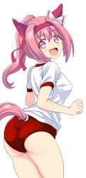 1girl animal_ears ass buruma commentary ear_covers flower_in_eye from_behind gym_shirt gym_uniform haru_urara_(umamusume) headband highres horse_ears horse_girl horse_tail looking_at_viewer looking_back ponzu_rui red_buruma red_headband shirt simple_background smile solo symbol_in_eye t-shirt tail umamusume white_background white_shirt