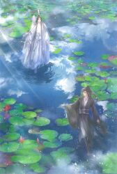 Rule 34 | 2boys, absurdres, black boots, black hair, black hanfu, boots, bud, chinese clothes, closed mouth, day, dizi, flower, flute, flute tassel, full body, grey eyes, guqin, hair ribbon, hanfu, headband, high ponytail, highres, holding, holding flute, holding instrument, implied yaoi, instrument, instrument case, kcllzas163, lan wangji, light particles, light rays, lily pad, long hair, long sleeves, looking at another, lotus, male focus, modao zushi, multiple boys, outdoors, outstretched arm, pants, parted lips, pink flower, ponytail, red flower, red ribbon, reflection, reflective water, ribbon, ripples, robe, sash, smile, standing, standing on liquid, sunbeam, sunlight, tassel, third-party source, transverse flute, walking, walking on liquid, water, wei wuxian, white boots, white hanfu, white headband, white pants, wide sleeves, xiao guan (headdress), yaopei