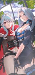 Rule 34 | 2girls, ahoge, black corset, black gloves, black jacket, blue bra, blue eyes, blue jacket, bra, brown shirt, commentary, corset, dradra tw, dutch angle, garter straps, geega (vtuber), geega (vtuber) (underworld casual), gloves, grey pants, hair between eyes, hand on another&#039;s hip, heterochromia, high collar, highres, indie virtual youtuber, jacket, long hair, looking at viewer, monarch (amalee), monarch (mafia) (amalee), multiple girls, pants, parted lips, pointy ears, red eyes, shirt, sidelocks, swept bangs, symbol-only commentary, underwear, virtual youtuber, vshojo, whip, white hair