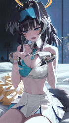1girl absurdres animal_ears bangle bare_shoulders black_hair blue_archive blue_eyes blush bracelet breasts cheerleader dog_ears dog_girl dog_tail eyewear_on_head halo hibiki_(blue_archive) hibiki_(cheer_squad)_(blue_archive) highres index_fingers_together jewelry long_hair medium_breasts midriff millennium_cheerleader_outfit_(blue_archive) navel official_alternate_costume on_bed open_mouth pleated_skirt pom_pom_(cheerleading) re_naya sitting skirt solo sports_bra star_sticker sticker_on_face stomach tail text_print white_skirt yellow_halo