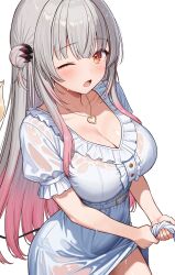 1girl absurdres breasts cleavage daysss dress dripping frilled_dress frills gradient_hair grey_hair hair_bun heart heart_necklace highres horns indie_virtual_youtuber jewelry large_breasts light_blush long_hair looking_at_viewer lower_teeth_only multicolored_hair necklace one_eye_closed open_mouth orange_eyes pink_hair puffy_short_sleeves puffy_sleeves short_sleeves sidelocks solo suou_patra tail teeth transparent_background underbust virtual_youtuber wet wet_clothes white_dress wispy_bangs wringing_clothes wringing_dress
