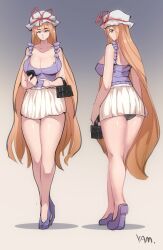 1girl absurdres alternate_costume artist_name ass bag bare_shoulders black_panties blonde_hair breasts cellphone cleavage closed_mouth commentary_request expressionless gradient_background hair_between_eyes hat highres holding holding_bag holding_phone large_breasts long_hair looking_at_viewer looking_back mob_cap mole mole_on_breast mole_on_thigh mole_under_eye panties panty_peek phone purple_eyes purple_shirt purple_shoes shirt shoes skirt sleeveless sleeveless_shirt smartphone solo thick_eyebrows thick_thighs thighs touhou underwear very_long_hair white_skirt yakumo_yukari yamada_(894921678)