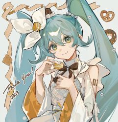 1girl 2023 absurdres alternate_costume amd_aoneko aqua_eyes aqua_hair brown_ribbon closed_mouth cookie donut english_text food hatsune_miku highres holding holding_cookie holding_food long_hair looking_at_viewer number_tattoo pretzel ribbon smile solo tattoo twintails very_long_hair vocaloid