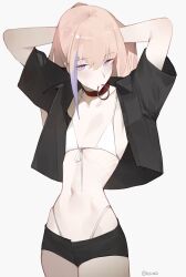 1girl absurdres adjusting_hair alt_text alternate_costume arms_behind_head bikini black_shirt black_shorts blush choker collared_shirt commentary coteri english_commentary flat_chest front-tie_bikini_top front-tie_top girls&#039;_frontline highleg highleg_bikini highres long_hair looking_at_viewer multicolored_hair navel open_clothes open_shirt pink_hair purple_eyes purple_hair red_choker shirt short_shorts short_sleeves shorts simple_background solo st_ar-15_(girls&#039;_frontline) stomach streaked_hair sweatdrop swimsuit twitter_username two-tone_hair white_bikini