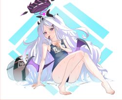 1girl ahoge black_halo blue_archive blush breasts demon_girl demon_horns demon_wings halo highres hina_(blue_archive) hina_(swimsuit)_(blue_archive) horns innertube long_hair looking_at_viewer old_school_swimsuit polo purple_eyes school_swimsuit sitting small_breasts solo swim_ring swimsuit white_hair wings