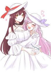 Rule 34 | 2girls, black choker, breasts, choker, cleavage, commentary, criss-cross halter, dress, eden (honkai impact), elysia (honkai impact), halterneck, hat, heart, honkai (series), honkai impact 3rd, hug, large breasts, long hair, multiple girls, official alternate costume, open mouth, simple background, smile, sun hat, sundress, toufu 0626, very long hair, white background, white dress, white hair, yellow eyes, yuri