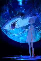 1girl abstract alt_(apou) barefoot blood blue_eyes blue_theme broken bubble dark dress dripping female_focus great_white_shark grey_hair head_tilt looking_at_viewer open_mouth original puddle ribbon scared shark short_hair solo sundress teeth water white_dress