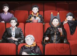 6+boys ;d alternate_universe black_hair black_kimono book cape closed_mouth covered_mouth crossed_legs eating expressionless food hair_slicked_back heterochromia holding holding_book hood hood_up japanese_clothes jewelry kimono male_focus mandarin_cookie movie_theater multiple_boys multiple_persona natsuki_subaru necklace official_alternate_costume official_alternate_hairstyle one_eye_closed open_mouth orange_scarf own_hands_clasped own_hands_together pointing popcorn purple_kimono re:if_kara_hajimeru_isekai_seikatsu re:zero_kara_ayamatsu_isekai_seikatsu re:zero_kara_hajimeru_isekai_seikatsu re:zero_kara_kasaneru_isekai_seikatsu re:zero_kara_oboreru_isekai_seikatsu re:zero_kara_tsugihagu_isekai_seikatsu scar scar_on_face scar_on_forehead scarf shaded_face smile track_suit twitter_username white_hair