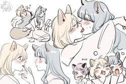 3girls animal_ears animalization arms_around_neck bang_dream! bang_dream!_it&#039;s_mygo!!!!! blue_hair blush brushing_tail closed_eyes fang fox_ears fox_girl fox_tail french_kiss heart highres japanese_clothes kemonomimi_mode kimono kiss lipstick_mark lipstick_mark_on_face long_hair long_sleeves looking_at_another milfcookiesimp misumi_uika multiple_girls purple_eyes purple_hair seiza short_hair sitting sweat tail togawa_sakiko tongue tongue_out translation_request white_kimono yellow_eyes yuri yuutenji_nyamu