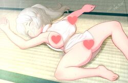 1girl barefoot blush breasts censored closed_eyes commentary_request dated foot_out_of_frame grey_hair heart heart_censor high_ponytail large_breasts long_hair lying mononobe_no_futo on_back on_floor open_mouth oppai_loli ponytail saliva sleeping smile solo tatami touhou yonaki