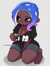 Rule 34 | 1girl, barefoot, black shirt, blue hair, blush, breasts, cleavage, clothes pull, collarbone, dark skin, embarrassed, gradient hair, grey background, grey shorts, large breasts, long hair, looking down, miyazero, multicolored hair, nintendo, octoling, octoling girl, octoling player character, octopus girl, orange eyes, pointy ears, purple hair, shirt, shirt pull, shirt tug, short sleeves, shorts, sitting, splatoon (series), suction cups, tentacle hair, two-tone hair