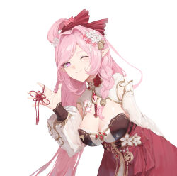 1girl arm_behind_back breasts closed_mouth collar commentary elysia_(herrscher_of_human:_ego)_(honkai_impact) elysia_(honkai_impact) elysia_(peachy_spring)_(honkai_impact) flower hair_flower hair_intakes hair_ornament hand_up highres honkai_(series) honkai_impact_3rd large_breasts leaning_forward looking_at_viewer miaooon money official_alternate_costume one_eye_closed pink_eyes pointy_ears red_skirt simple_background skirt smile solo tucked_money waving white_background white_collar white_flower