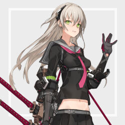 Rule 34 | 1girl, \||/, black serafuku, brown hair, closed mouth, cowboy shot, green eyes, grey background, heavily armed high school girls, ichi (heavily armed high school girls), ichi (neco), katana, light smile, long hair, midriff, navel, necktie, neco, pink necktie, school uniform, serafuku, sheath, sheathed, simple background, solo, standing, sword, waving, weapon