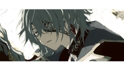 1boy anaxa_(honkai:_star_rail) aqua_hair border chain close-up eyepatch gumi_min08 half-closed_eyes highres honkai:_star_rail honkai_(series) looking_at_viewer male_focus medium_hair parted_lips side_ponytail solo upper_body white_background white_border