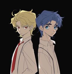 2boys bishounen blonde_hair blue_eyes blue_hair dio_brando ear_birthmark jinzza_iru jojo_no_kimyou_na_bouken jonathan_joestar looking_at_viewer multiple_boys phantom_blood shirt