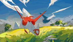 apios blue_sky claws closed_mouth cloud day dragon english_text expressionless field flying full_body gen_3_pokemon grass highres latias latios legendary_pokemon looking_afar looking_at_another mountainous_horizon nintendo outdoors pokemon pokemon_(creature) red_eyes sky tree yellow_eyes