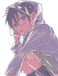 Rule 34 | 1boy, akio (89e), arm on knee, arm up, black hair, black socks, blue eyes, edogawa conan, feet out of frame, from side, glasses, green shorts, hair between eyes, hood, hood up, kneeling, long sleeves, male focus, meitantei conan, open mouth, raincoat, rimless eyewear, see-through clothes, see-through raincoat, shirt, short hair, shorts, simple background, socks, twitter username, white background, white shirt