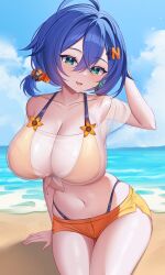 1girl absurdres ahoge arm_behind_head arm_support arm_up bare_shoulders beach belle_(zenless_zone_zero) bikini bikini_under_shorts blue_hair blue_sky breasts cleavage cloud collarbone commentary crossed_bangs day demcheg english_commentary fang green_eyes hair_between_eyes hair_ornament hand_in_own_hair highleg highleg_bikini highres large_breasts letter_hair_ornament light_particles looking_at_viewer low_twintails micro_shorts navel ocean on_ground open_mouth orange_bikini orange_shorts outdoors see-through_clothes see-through_shirt shirt short_hair shorts sitting skin_fang sky smile solo stomach sunlight swimsuit thighs tied_shirt twintails zenless_zone_zero