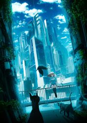 1girl animal black_shoes black_socks blue_sky breasts brown_hair building cat chooco_(chocoshi) city cityscape closed_eyes cloud collared_shirt commentary_request full_body grey_skirt highres kneehighs mouse_(animal) neck_ribbon on_railing open_mouth original plant railing red_ribbon ribbon shirt shoes short_sleeves sitting skirt sky skyscraper small_breasts socks striped_clothes striped_skirt tile_floor tiles wing_collar