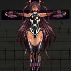 1girl absurdres arms_up artist_request bdsm black_leotard bondage bound breasts covered_navel crucifixion curvy dark-skinned_female dark_skin elbow_gloves embarrassed gag gagged gloves highleg highleg_leotard highres humiliation indoors injury leotard loli long_hair looking_at_viewer mizuki_yukikaze moaning one-piece_tan purple_eyes pussy_juice restrained revealing_clothes ryona saliva saliva_trail shiny_clothes shiny_skin small_breasts solo sweat taimanin_(series) taimanin_yukikaze tan tanline thong_leotard torn_clothes torn_leotard twintails very_long_hair wide_hips