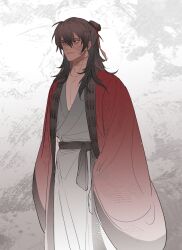 Rule 34 | 1boy, absurdres, arms at sides, ashao606, black hair, black hanfu, brown eyes, brown hair, chinese clothes, closed mouth, coat, dao gui yi xian, feet out of frame, grey background, hair between eyes, hair bun, hair ribbon, half updo, hanfu, highres, li huowang, long hair, long sleeves, looking to the side, male focus, open clothes, open coat, pectoral cleavage, pectorals, red coat, red ribbon, ribbon, robe, sash, scar, scar on face, scar on neck, single hair bun, sleeves past fingers, sleeves past wrists, solo, standing, wide sleeves