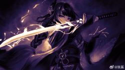 1girl asymmetrical_sleeves bad_id bad_weibo_id blunt_bangs braid bridal_gauntlets electricity genshin_impact glaring glowing glowing_sword glowing_weapon hair_flowing_over hair_ornament hands_up holding holding_sword holding_weapon japanese_clothes katana kimono long_braid long_hair looking_to_the_side mitsudomoe_(shape) mole mole_under_eye purple_background purple_eyes purple_hair purple_kimono raiden_shogun sash shade single_braid solo standing sword tomoe_(symbol) uneven_sleeves upper_body watermark weapon weibo_watermark yan_xi_(weibo_7795797368)