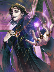 1boy afk_(series) afk_journey bags_under_eyes black_eyes black_hair black_robe circlet cowboy_shot curtained_hair cyran_(afk) dutch_angle evil_smile fingernails flipped_hair four-pointed_star from_below gold_necklace gold_ring highres jewelry layered_sleeves light_rays lily_kenkadan long_sleeves looking_at_viewer magic male_focus mandarin_collar medium_hair multiple_rings necklace parted_bangs ring robe smile solo star_ornament sunbeam sunlight thumb_ring wide_sleeves