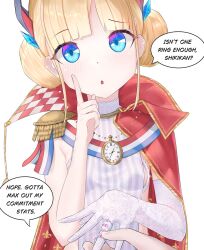 1boy 1girl azur_lane blonde_hair blue_eyes blunt_bangs blush breasts cape chestnut_mouth collar commander_(azur_lane) commentary double_bun english_commentary epaulettes fingernails fleur-de-lis french_flag frills gameplay_mechanics gloves hair_bun hair_ornament headgear highres jewelry le_triomphant_(azur_lane) leotard mister_varkat multiple_rings open_mouth pendant_watch pointing pointing_up pov pov_hands putting_on_jewelry red_cape ring short_hair sideless_outfit sidelocks simple_background single_epaulette single_glove small_breasts speech_bubble standing striped_clothes striped_leotard striped_thighhighs tassel thighhighs triangle_mouth two-sided_cape two-sided_fabric vertical-striped_clothes vertical-striped_thighhighs watch wedding_ring