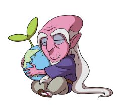 1boy balding closed_eyes colored_skin earth_(planet) full_body greengramps grey_pants highres hug long_hair official_art pants pink_skin planet purple_shirt sandals shirt simple_background sitting socks sprout third-party_source transparent_background white_hair white_socks youkai_(youkai_watch) youkai_watch