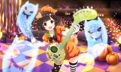 1girl :d animal_ears artist_request asymmetrical_legwear black_bow black_bowtie black_thighhighs blunt_bangs bow bowtie brown_hair collarbone concert curled_tail dog_ears dog_girl dog_tail dress electric_guitar feet_out_of_frame floppy_ears ghost gloves glowstick guitar hair_ornament hairpin halloween hat holding holding_guitar holding_instrument holding_plectrum instrument jack-o&#039;-lantern leaning_to_the_side legs_apart looking_at_viewer mismatched_legwear official_art open_mouth orange_dress orange_hat plectrum puffy_dress puffy_short_sleeves puffy_sleeves pumpkin_hat shibarin_(show_by_rock!!) short_hair short_sleeves show_by_rock!! smile solo sparkle stage stage_lights standing star_(symbol) star_print sticker tail thighhighs third-party_source tile_floor tiles white_gloves yellow_eyes