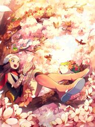 Rule 34 | 1girl, bag, beanie, boots, branch, budew, cherrim, cherry blossoms, cherubi, cutiefly, dawn (pokemon), duffel bag, flower, gen 4 pokemon, gen 7 pokemon, hair ornament, hairpin, hat, highres, in tree, legendary pokemon, mythical pokemon, nintendo, pachirisu, pink boots, pink skirt, poke ball print, pokemon, pokemon (creature), pokemon dppt, red scarf, scarf, selyg15, shaymin, sitting, sitting in tree, skirt, starly, tree, white hat
