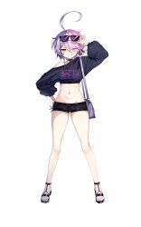 Rule 34 | 1girl, absurdres, ahoge, bag, benghuai xueyuan, black choker, black sweater, choker, commentary request, earrings, full body, grin, highres, honkai (series), jewelry, micro shorts, midriff, multicolored hair, nail polish, navel, necklace, pink hair, purple eyes, purple hair, purple nails, sandals, sharp teeth, short hair, short shorts, shorts, shoulder bag, simple background, sin mal, sin mal0909, smile, solo, stomach, stomatch, sunglasses, sweater, teeth, toenail polish, toenails, toes, two-tone hair, white background, yellow eyes