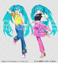 1girl aqua_eyes aqua_hair black_shirt blue_pants blush closed_mouth full_body hand_up hatsune_miku headphones leg_up long_hair looking_at_viewer mamyouda multiple_views one_eye_closed open_mouth oshare_majo_love_and_berry pants purple_pants sample_watermark shirt simple_background t-shirt twintails very_long_hair vocaloid watermark