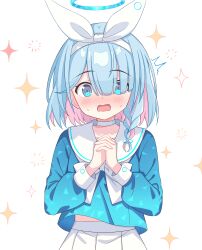 1girl absurdres arona_(blue_archive) blue_archive blue_eyes blue_hair blue_halo blue_shirt blush bow_hairband braid choker colored_inner_hair commentary hair_over_one_eye hairband halo highres long_sleeves looking_at_viewer multicolored_hair open_mouth own_hands_together sailor_collar school_uniform setteiset shirt short_hair single_braid skirt solo sparkle sweatdrop white_background white_choker white_hairband white_sailor_collar white_skirt