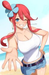 1girl artist_name belt blue_eyes blue_shorts blue_sky blush breasts camisole cloud collarbone commentary commission cutoffs day earrings foreshortening grin hair_between_eyes hair_ornament hand_on_own_hip highres hoop_earrings horizon jewelry large_breasts long_hair looking_at_viewer nintendo ocean one_eye_closed outdoors outstretched_arm pokemon pokemon_bw reaching reaching_towards_viewer red_hair short_shorts shorts skeb_commission sky skyla_(pokemon) smile solo surippa1010 twitter_username white_camisole