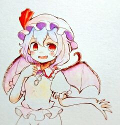 Rule 34 | 1girl, bat wings, blue hair, blush, collared shirt, commentary request, frilled shirt collar, frills, hat, hat ribbon, looking at viewer, mob cap, one-hour drawing challenge, open mouth, pink hat, puffy short sleeves, puffy sleeves, red eyes, red ribbon, remilia scarlet, ribbon, shiro tsugumi, shirt, short sleeves, skirt, smile, solo, touhou, traditional media, unfinished, white shirt, white skirt, wings